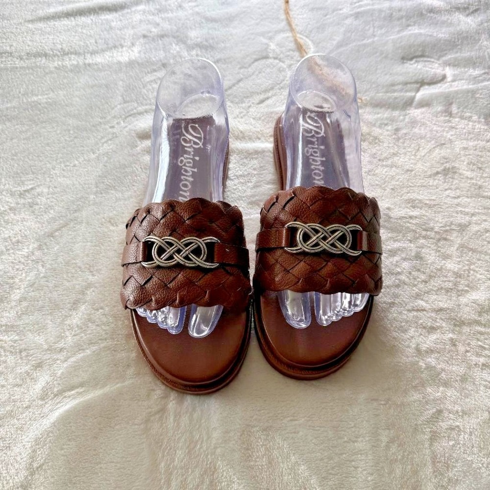 Brighton CATE Brown Woven Leather Slide Sandals Womens 8.5 M Silver Knot Slides